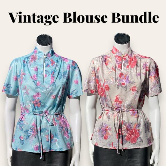 2 70s VTG Sears small polyester blouses w/ pixelated floral pattern - Picture 1 of 6